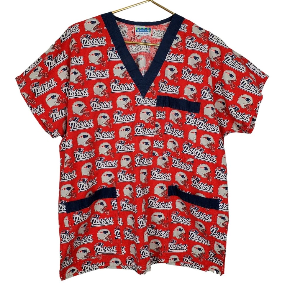 Bryash Scrubs New England Patriots Scrub Top Unisex Mens Womens Sz XL EUC Red